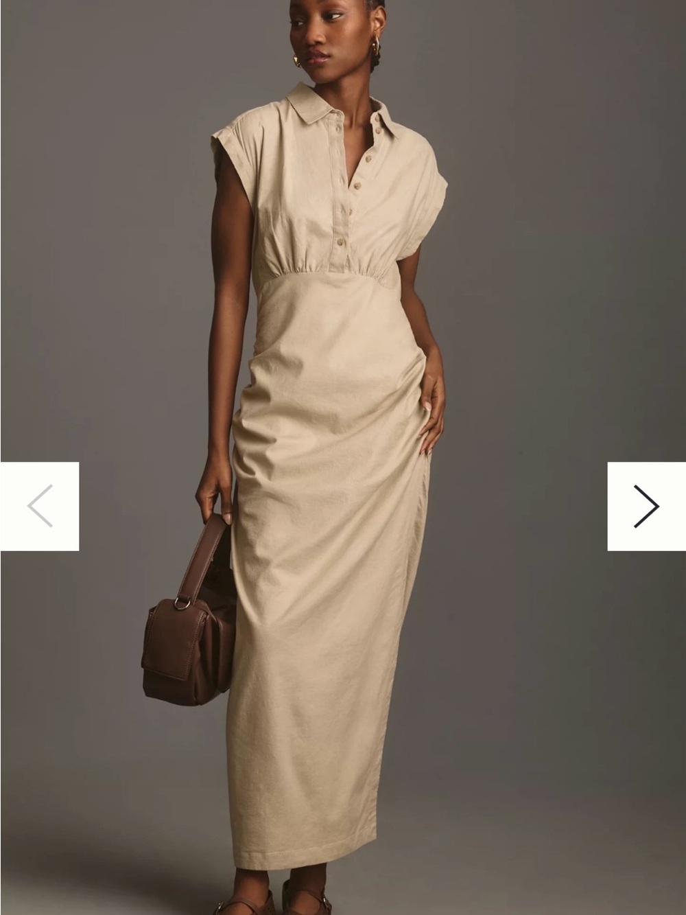 Anthropologie Ruched Maxi Dress Small Neutral Minimalist Coastal Stretch Fitted